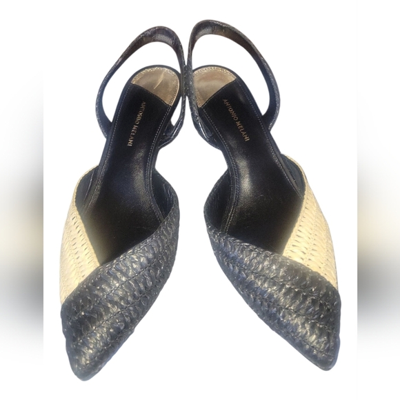 Antonio Melani Women's Raffia Black and Cream Slingback Pointed Toe Kitten Heels - Picture 6 of 10